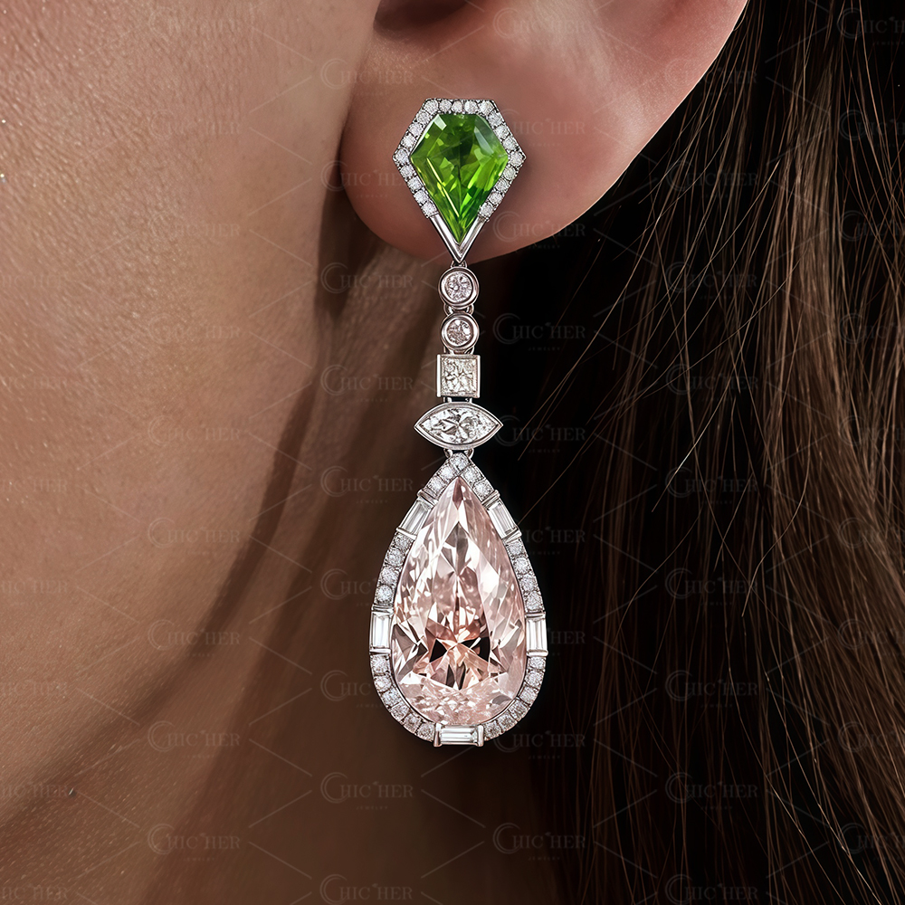 Unique Halo Peridot & Pink Sapphire Drop Earrings