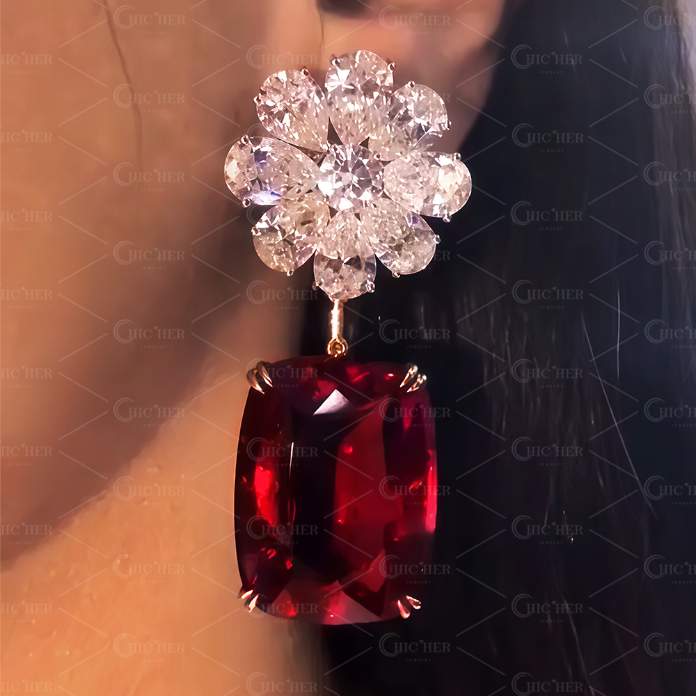Flower Design Cushion Cut Garnet Sapphire Drop Earrings