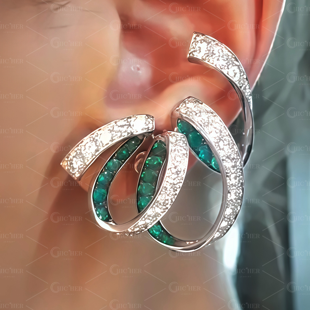 Round Cut White & Emerald Sapphire Swirl Ruban Design Earrings