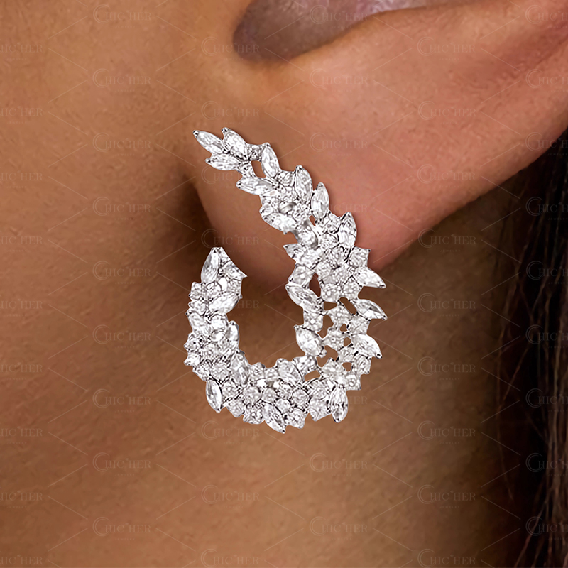 Leaf Design Marquise & Round Cut Hoop Earrings