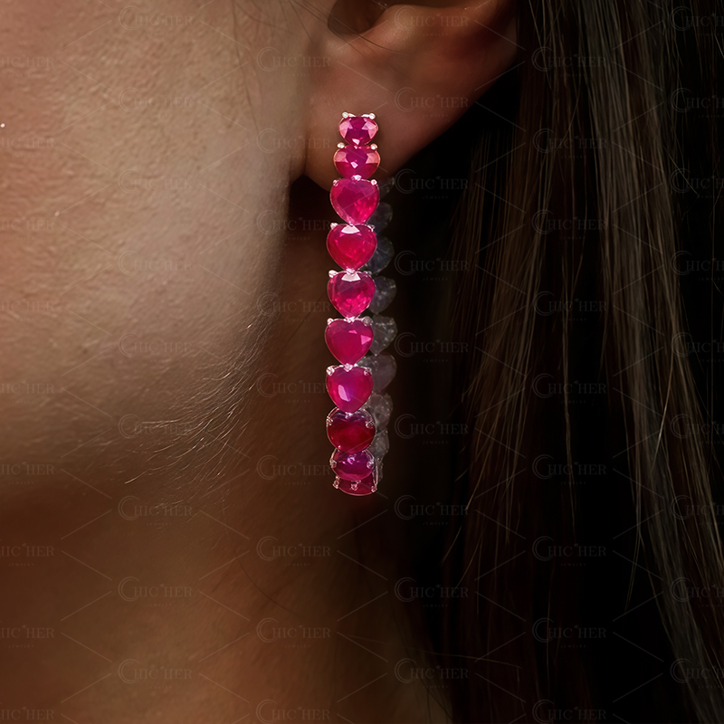 Heart Cut Ruby & White Sapphire Hoop Earrings 