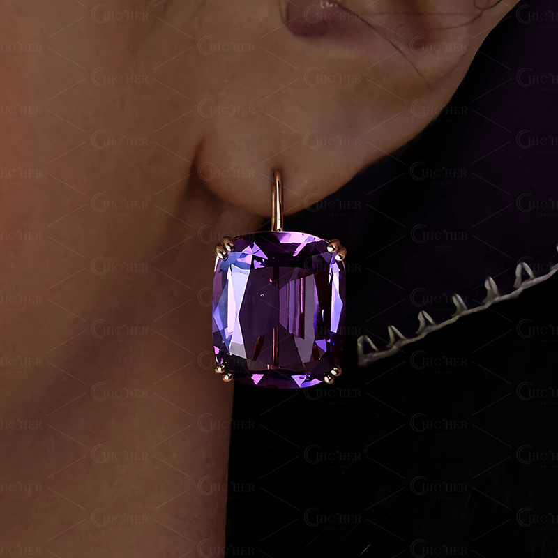6ct Gold Double Claw Cushion Cut Purple Drop Earrings