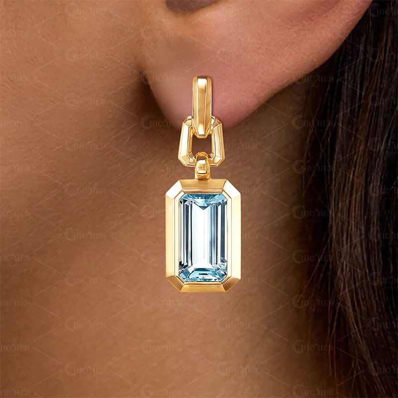 Art Deco Gold Emerald Cut Aquamarine Drop Earrings