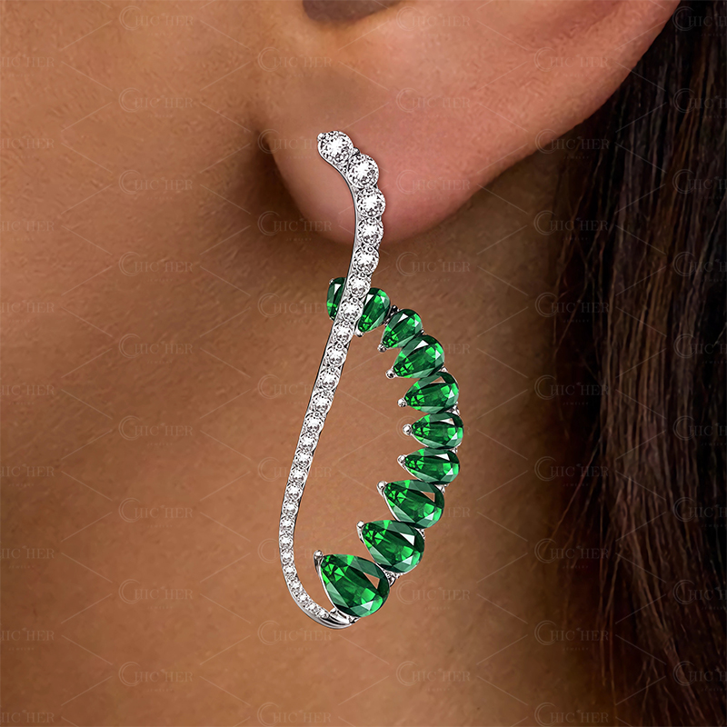 Pear Cut Emerald Sapphire Cuff Earrings