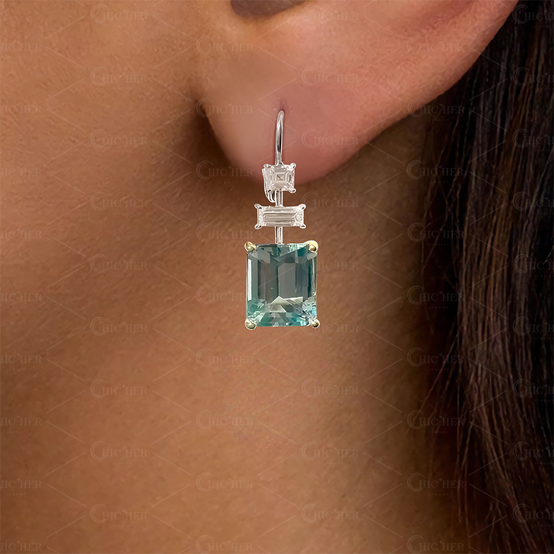 Emerald Cut Aquamarine Drop Earrings