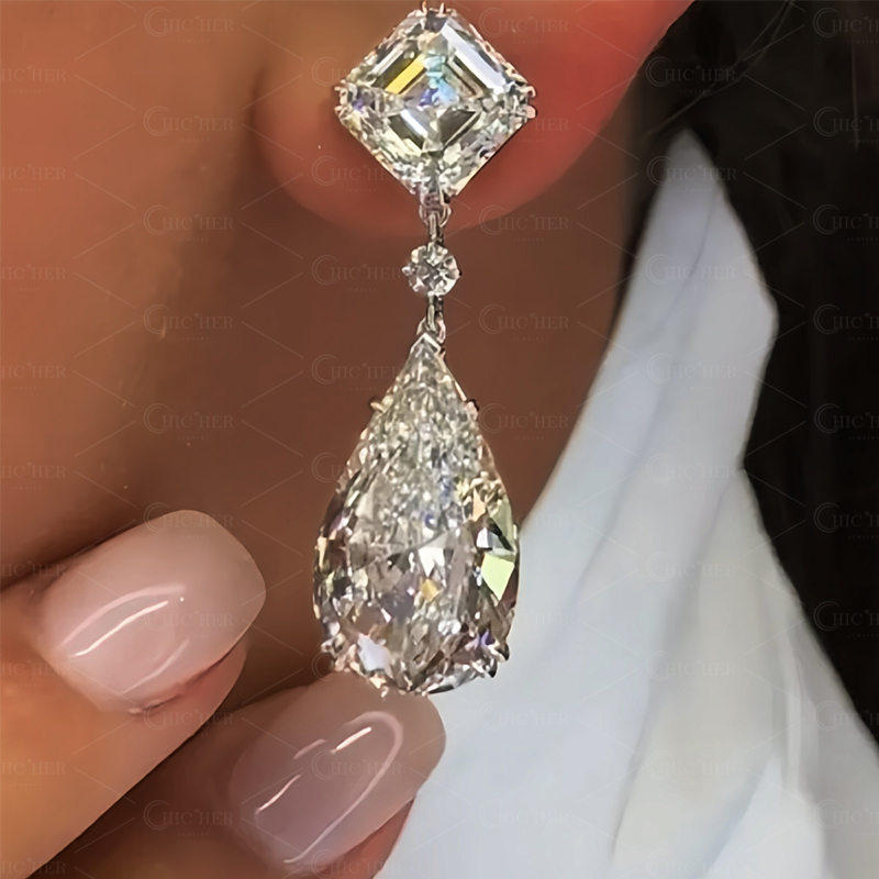 Pear&Asscher Cut Sapphire Drop Earrings