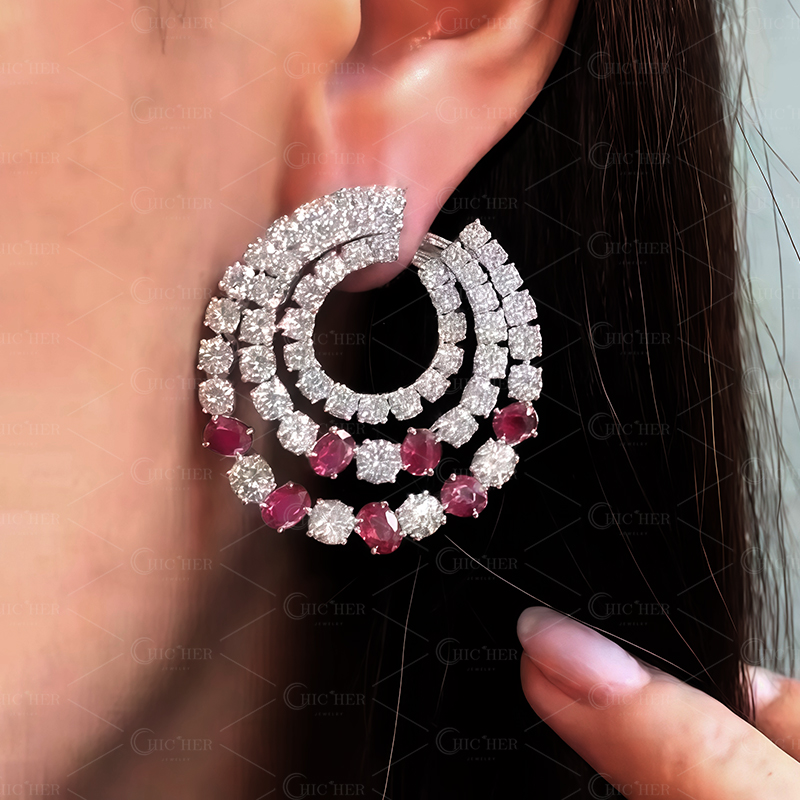 Round&Oval Cut Ruby Sapphire Swirl Earrings