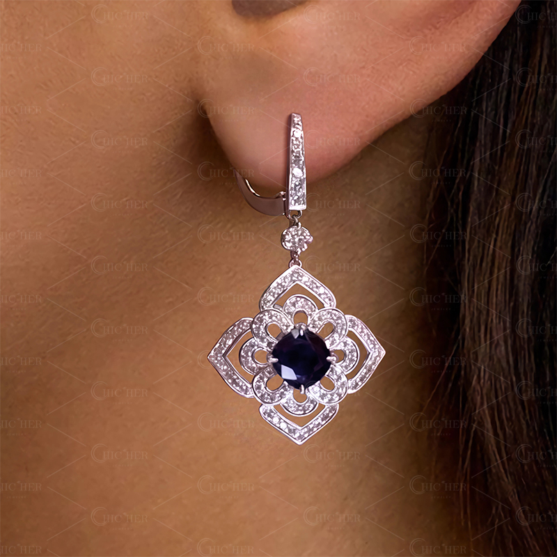 Art Deco Cushion Cut Sapphire Drop Earrings