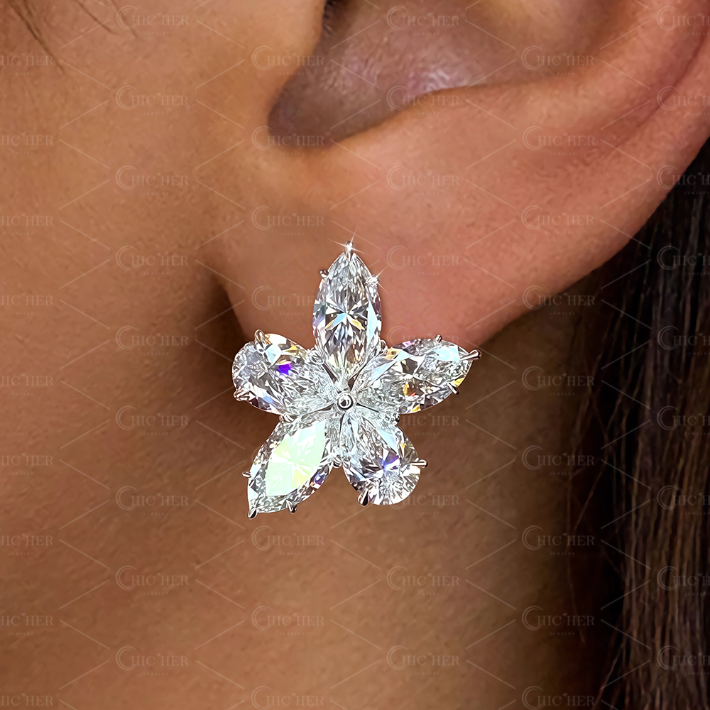 Flower Design Pear&Marquise Cut White Sapphire Stud Earrings