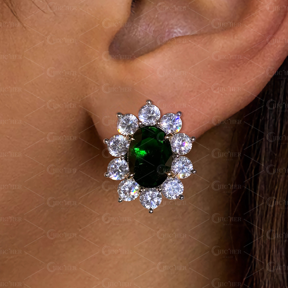 Halo Oval Cut Emerald Green Sapphire Stud Earrings