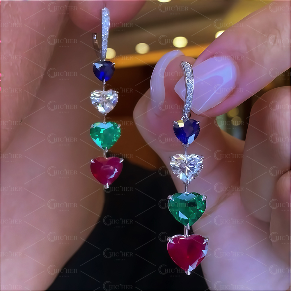 Colorful Love Heart Lab-created Sapphire Drop Earrings