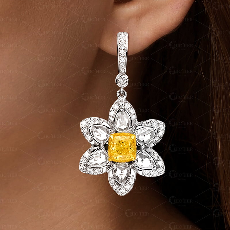 Flower Design Radiant&Pear Cut Yellow Sapphire Drop Earrings