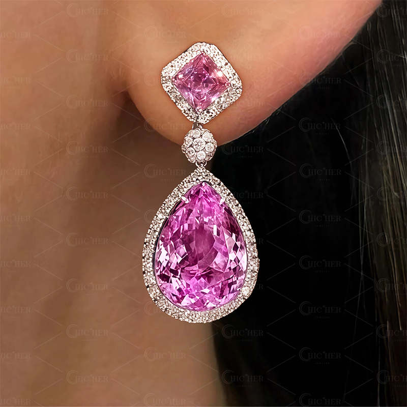 Halo Pink Sapphire Drop Earrings
