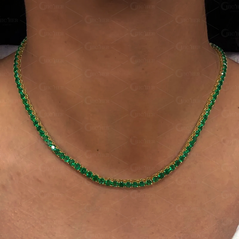 Round Cut Emerald Sapphire Tennis Necklace