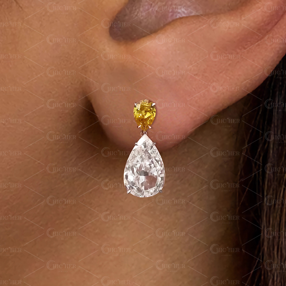 Pear Cut Yellow&White Sapphire Drop Earrings