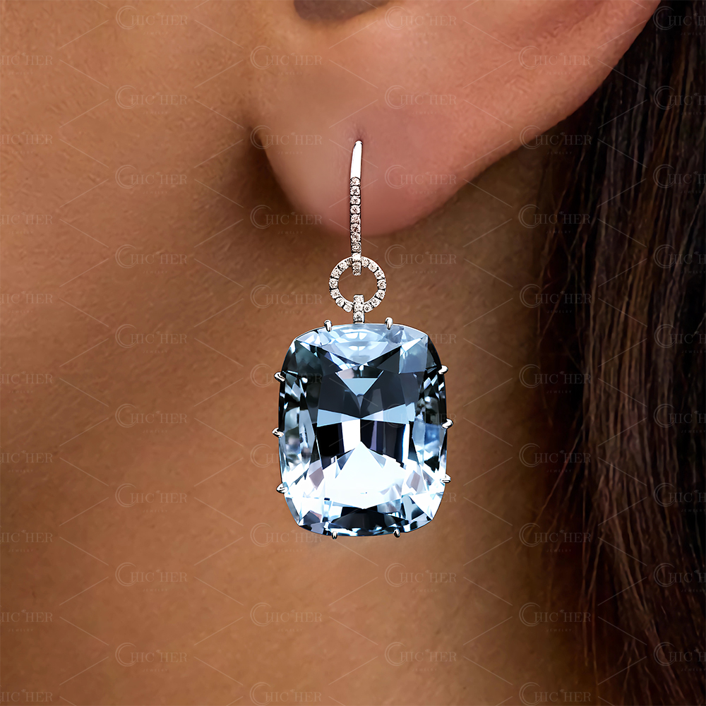 Cushion Cut Aquamarine Sapphire Drop Earrings