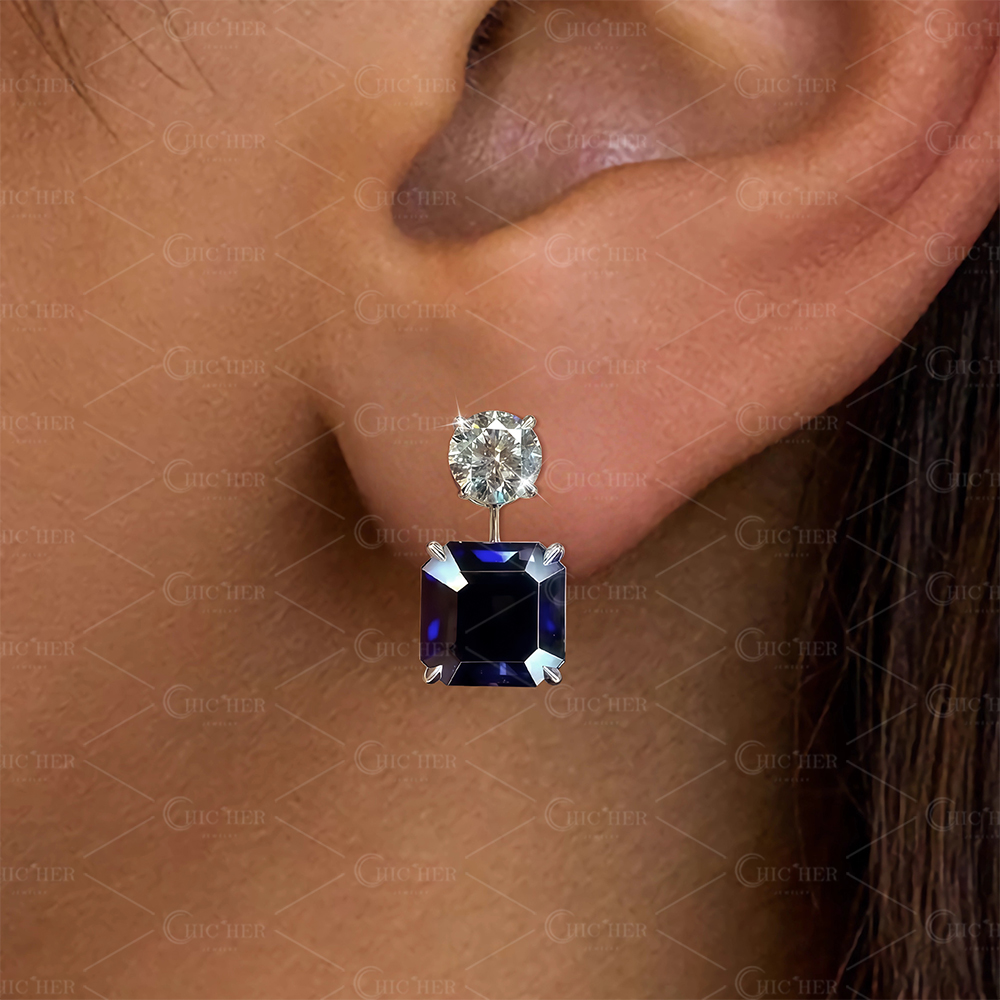 Asscher Cut Blue Sapphire Drop Earrings