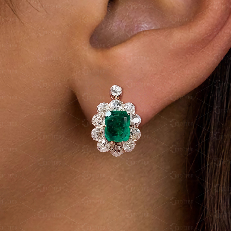Halo Emerald Cut Green Sapphire Drop Earrings