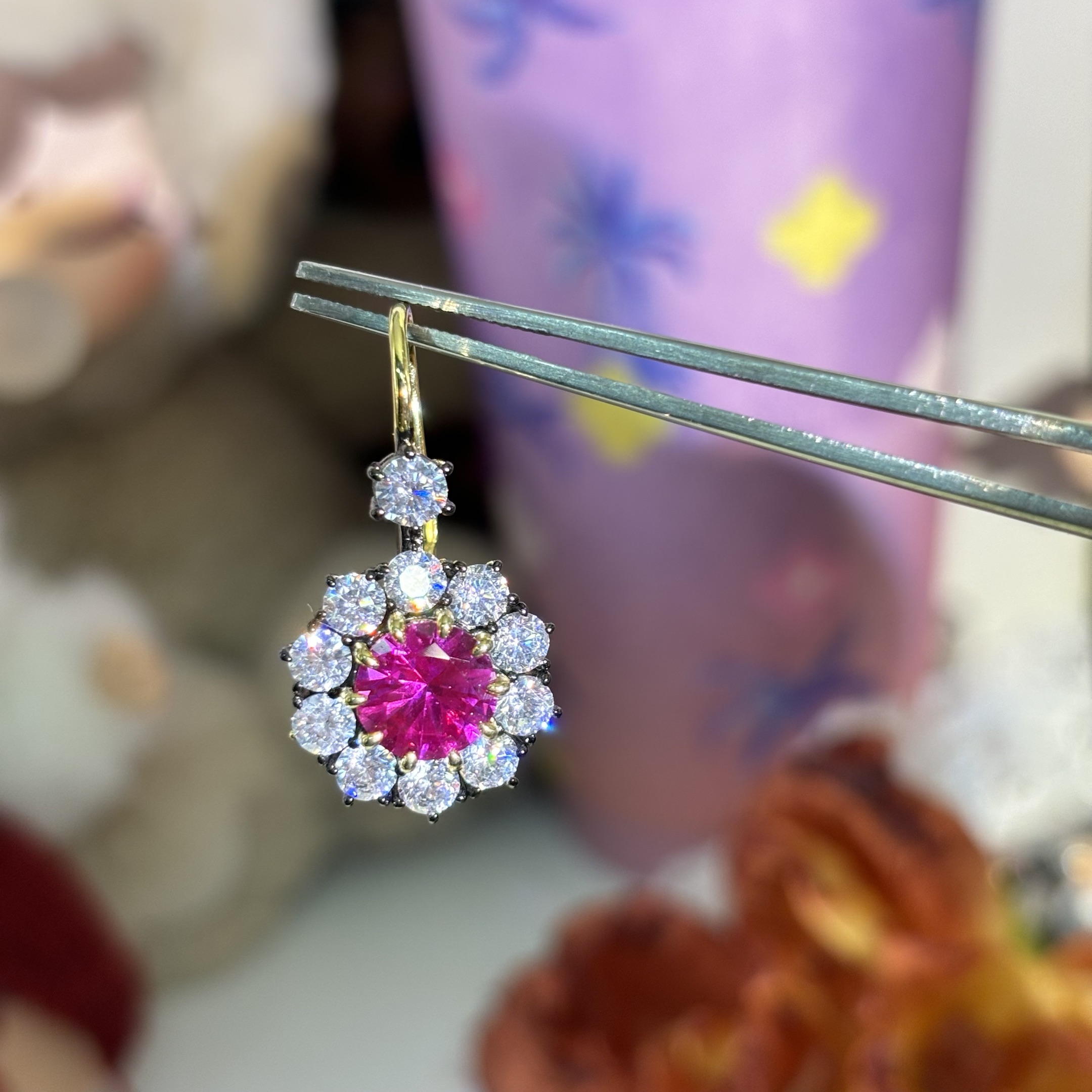 Round Cut Ruby Sapphire Cluster Earrings