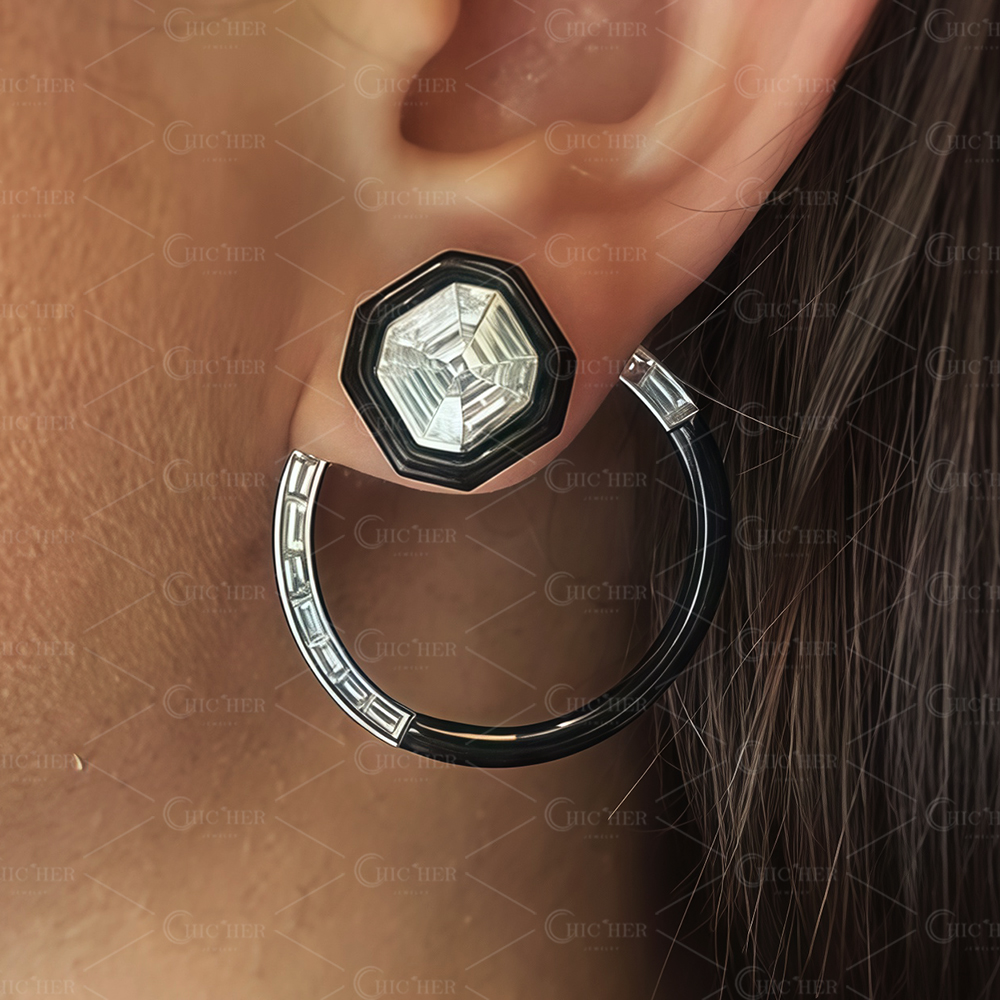 Black Onyx  Design Asscher Cut White Sapphire Hoop Earrings