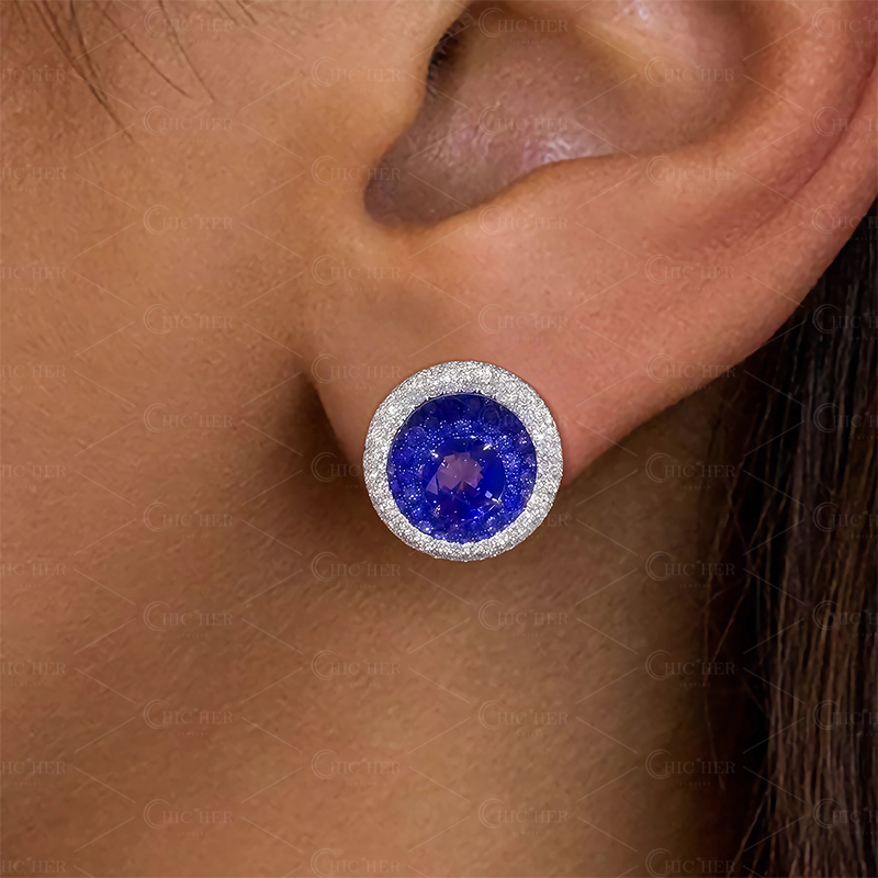 Halo Round Cut Blue Sapphire Stud Earrings