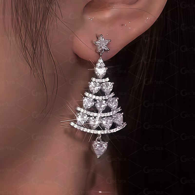 Christmas Tree Heart Cut White Sapphire Drop Earrings