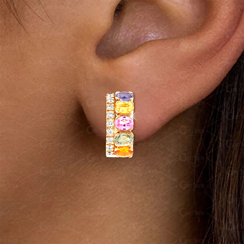 Rainbow Sapphire&Diamond Hoop Earrings