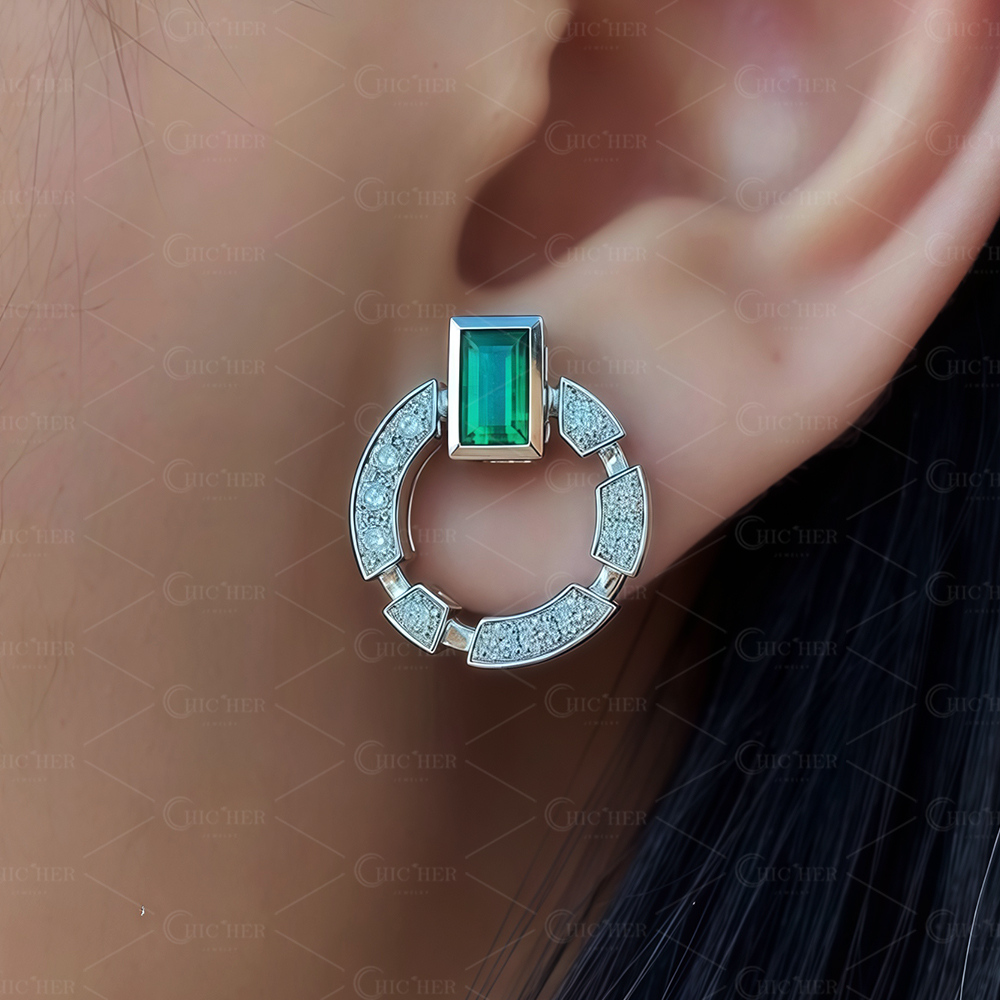 Baguette Cut Emerald Sapphire Hoop Earrings