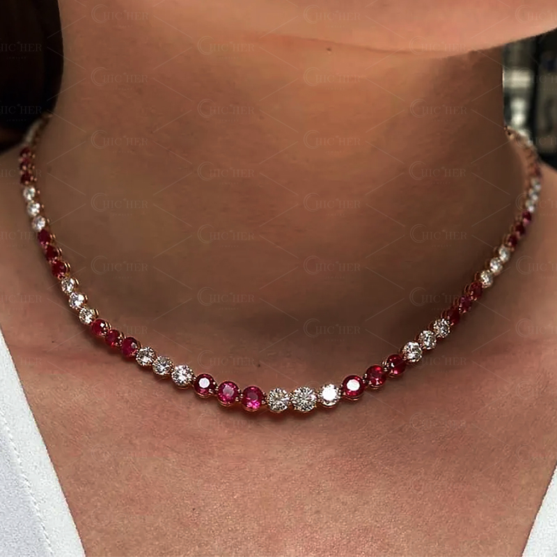Round Cut Ruby Sapphire Tennis Necklace