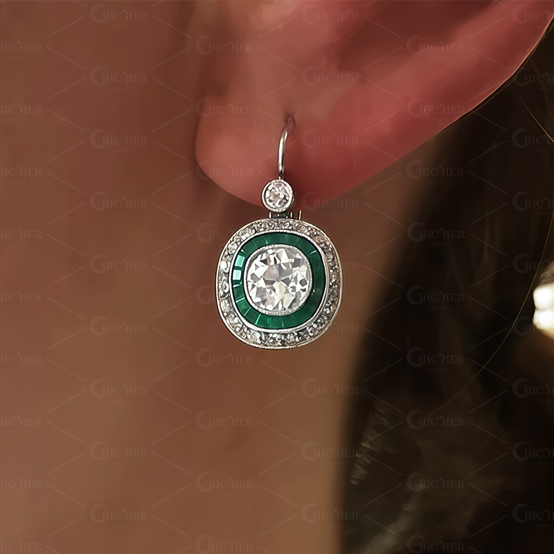 Art Deco Old Mine Cut Emerald Caliber Drop Earrings
