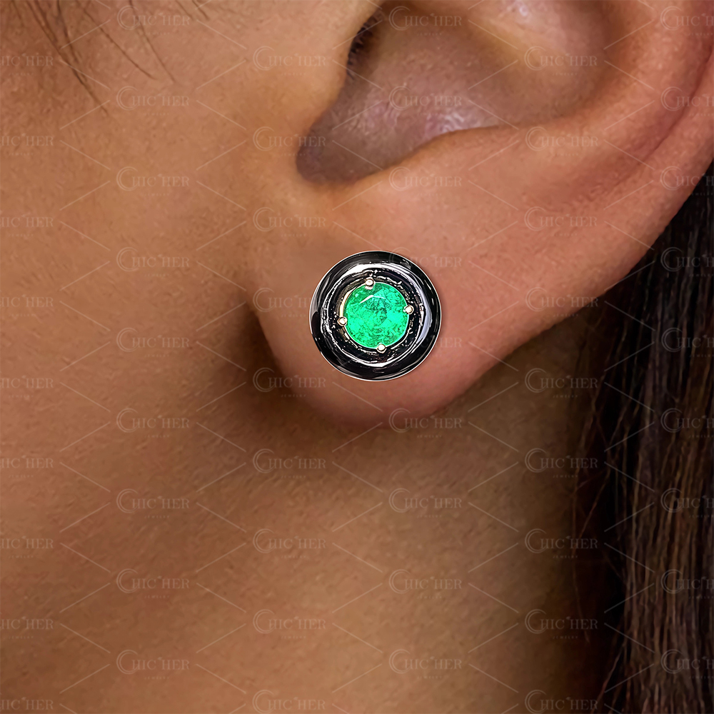 Earrings Black Onyx halo emerald studs