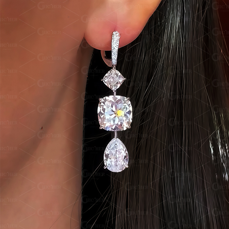 Cushion&Pear Cut White Sapphire Drop Earrings