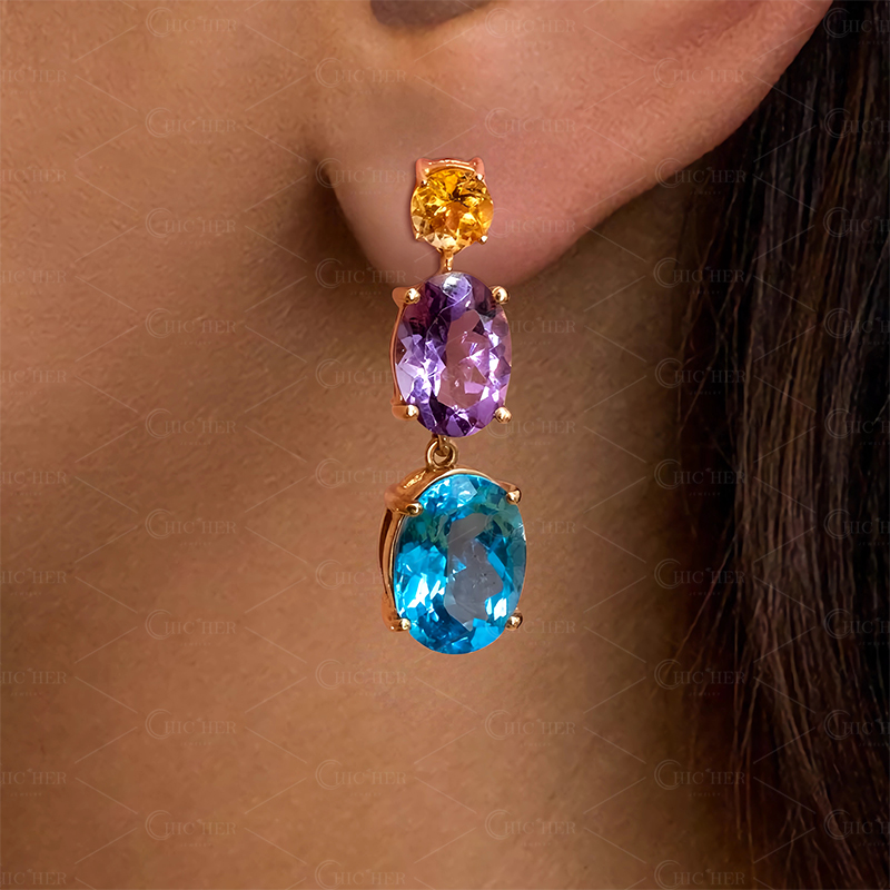 Oval Cut Aquamarine&Amethyst Sapphire Drop Earrings