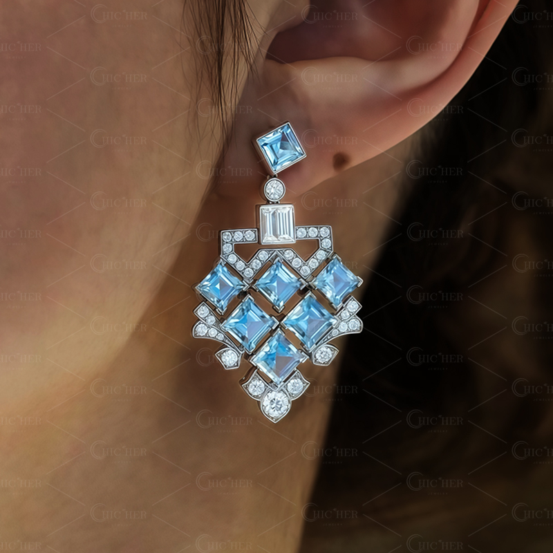 Asscher Cut Aquamarine Sapphire Drop Earrings