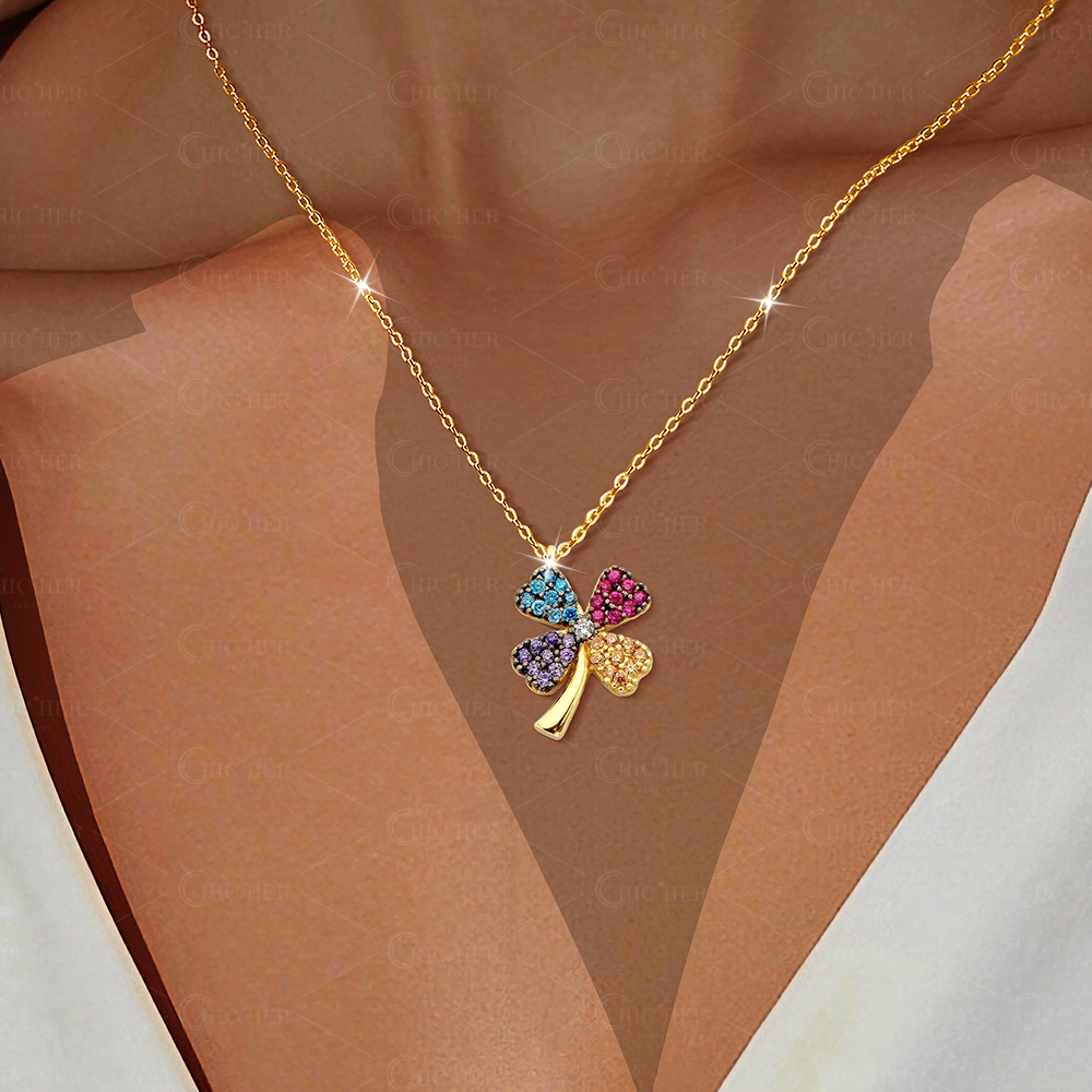 Rainbow Design Leaf Clover Pendant Necklace
