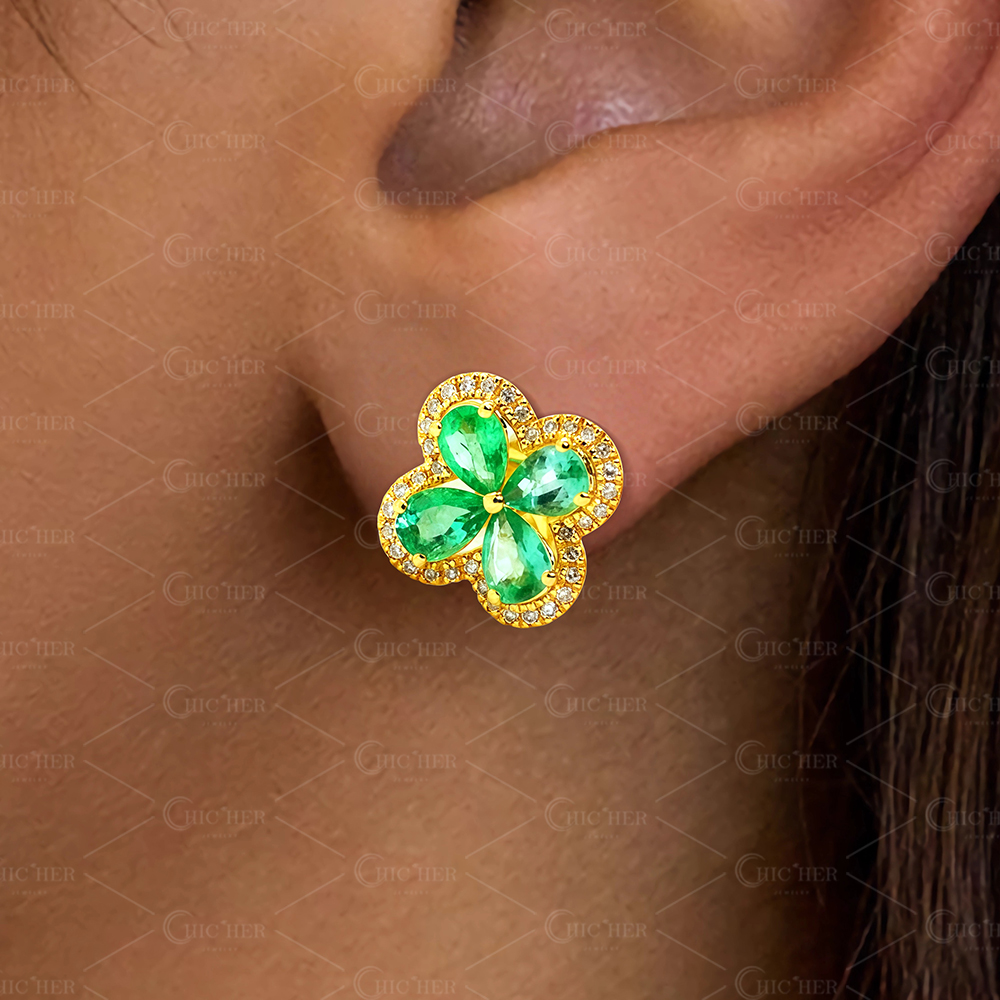 Pear Cut Green Leaf Clover Sapphire Stud Earrings