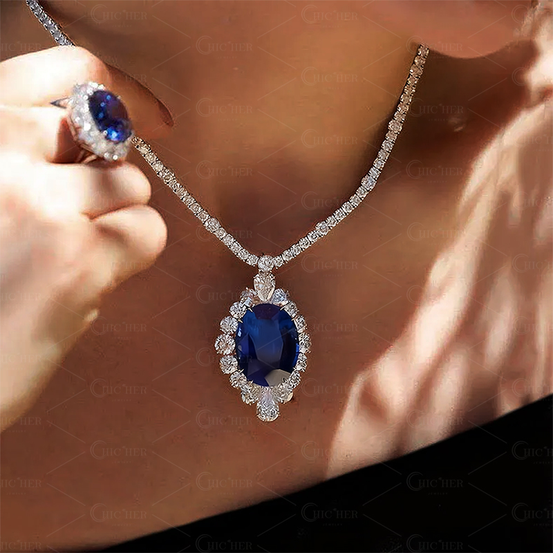 Oval Cut Blue Sapphire Pendant Necklace