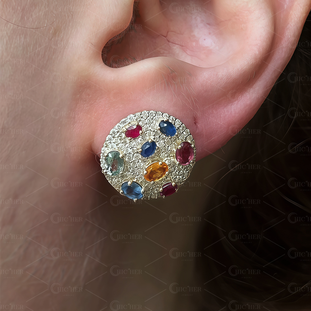 Oval Cut Rainbow Sapphire Stud Earrings