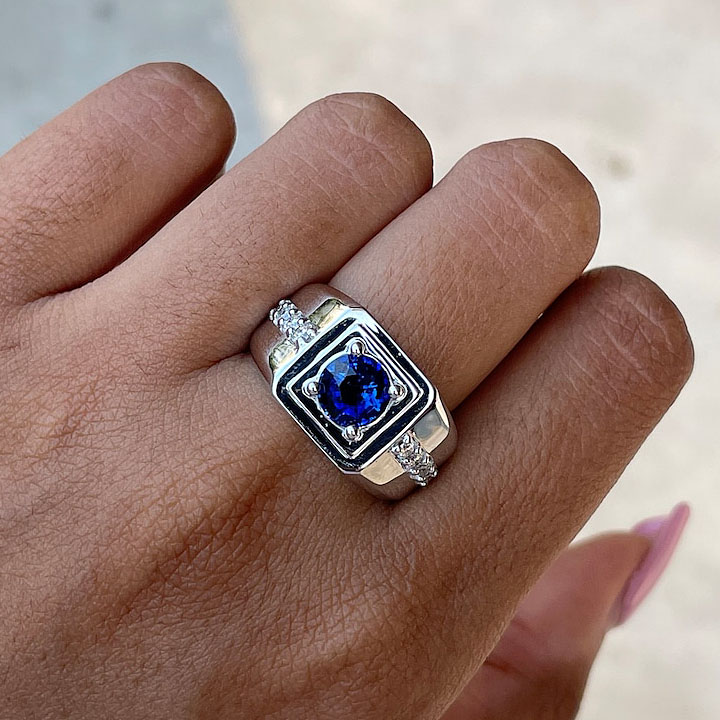 1.5ct Round Cut Blue Sapphire Men's Engagement Ring
