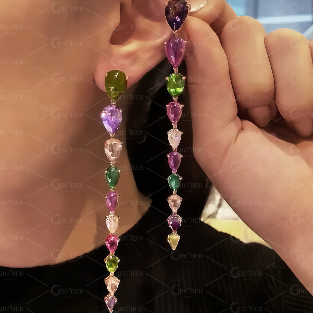 Pear Cut Rainbow Sapphire Drop Earrings