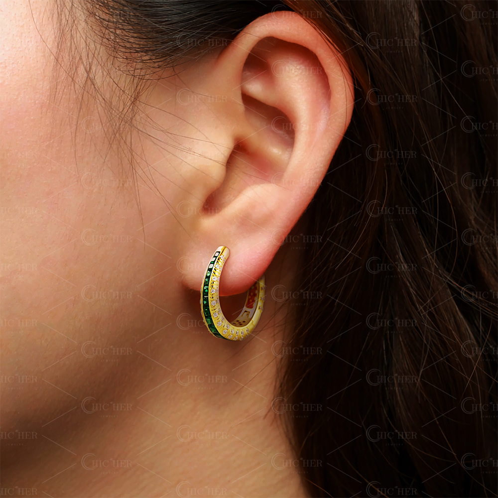 Round&Emerald Cut Emerald Sapphire Hoop Earrings