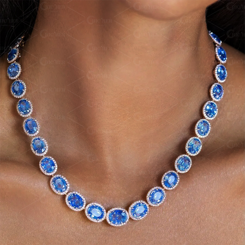 Oval Cut Blue Sapphire Necklace