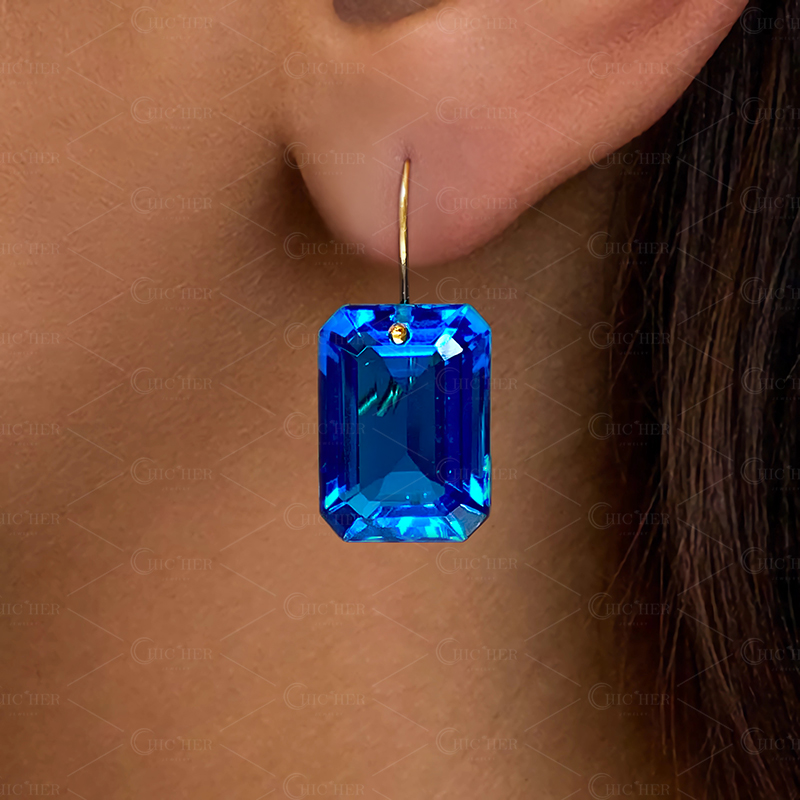 Emerald Cut Blue Sapphire Drop Earrings