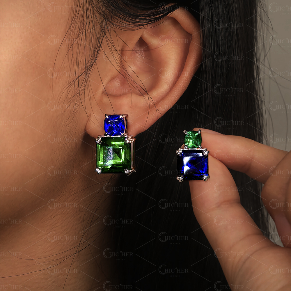 Unique Emerald&Sapphire Stud Earrings
