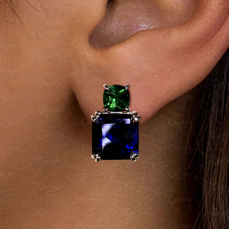 Unique Emerald&Sapphire Stud Earrings