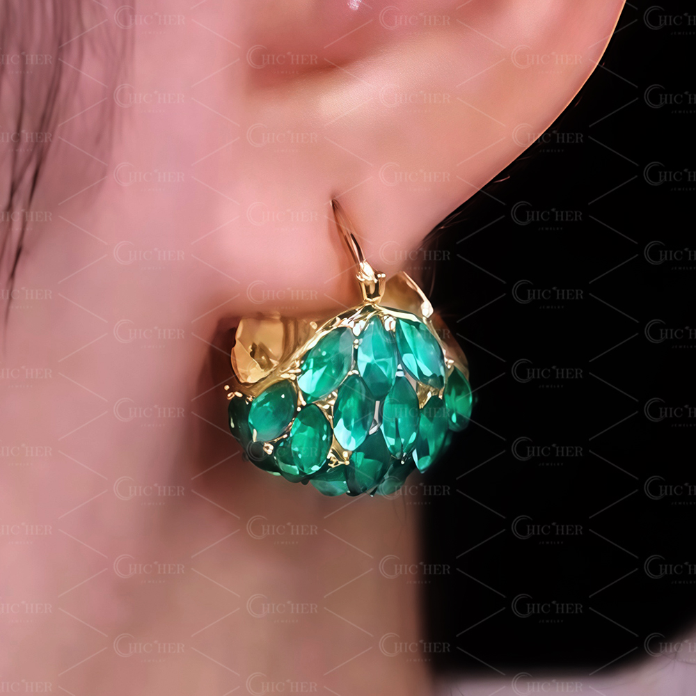 Unique Italian Style Design Emerald Hoop Earrings