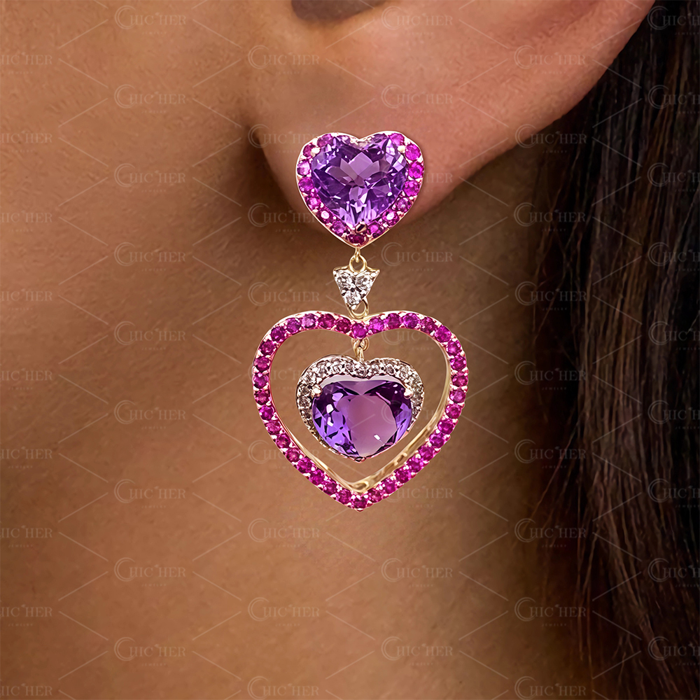 Heart Cut Amethyst Sapphire Drop Earrings