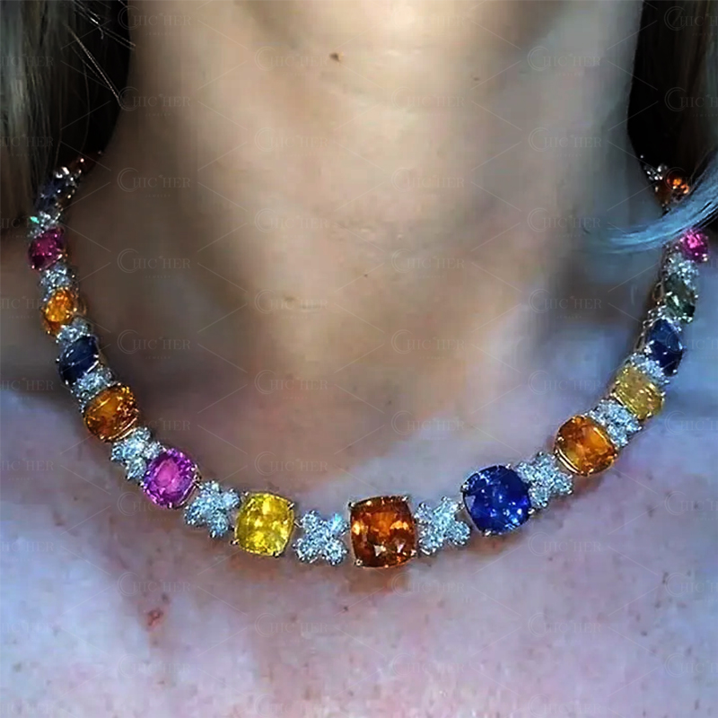 Cushion Cut Rainbow Sapphire Necklace