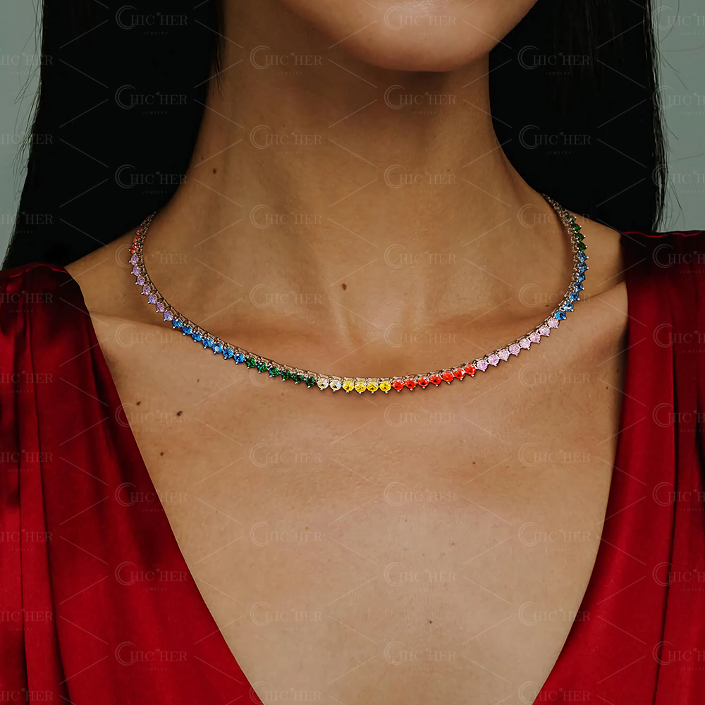 Round Cut Rainbow Sapphire Tennis Necklace