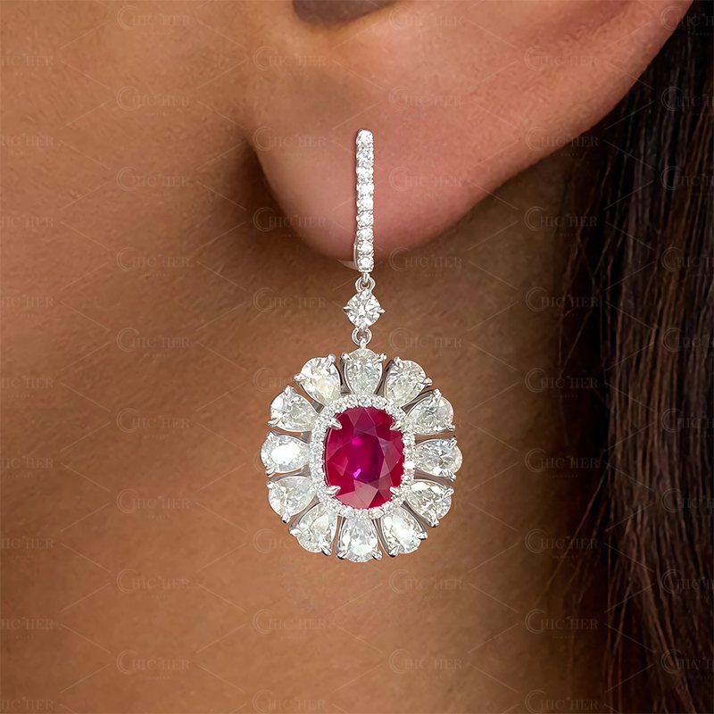 Sunflower Design Ruby Sapphire Drop Earrings